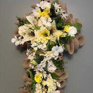 Floral Cross Wall Decor with Burlap Accents